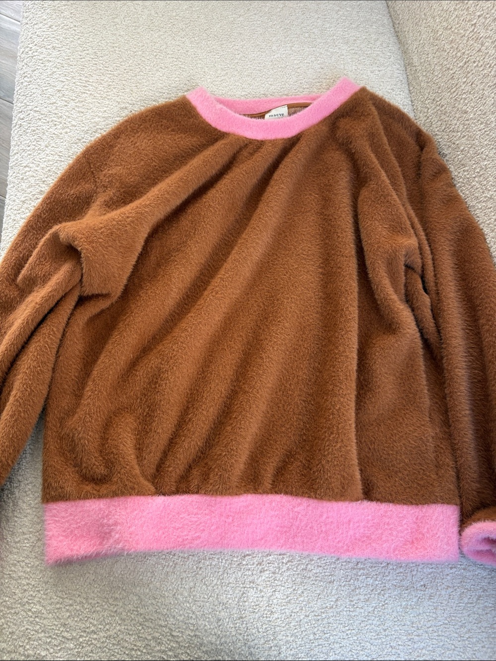 Maeve Brown Sweater with Pink Crewneck & Hem